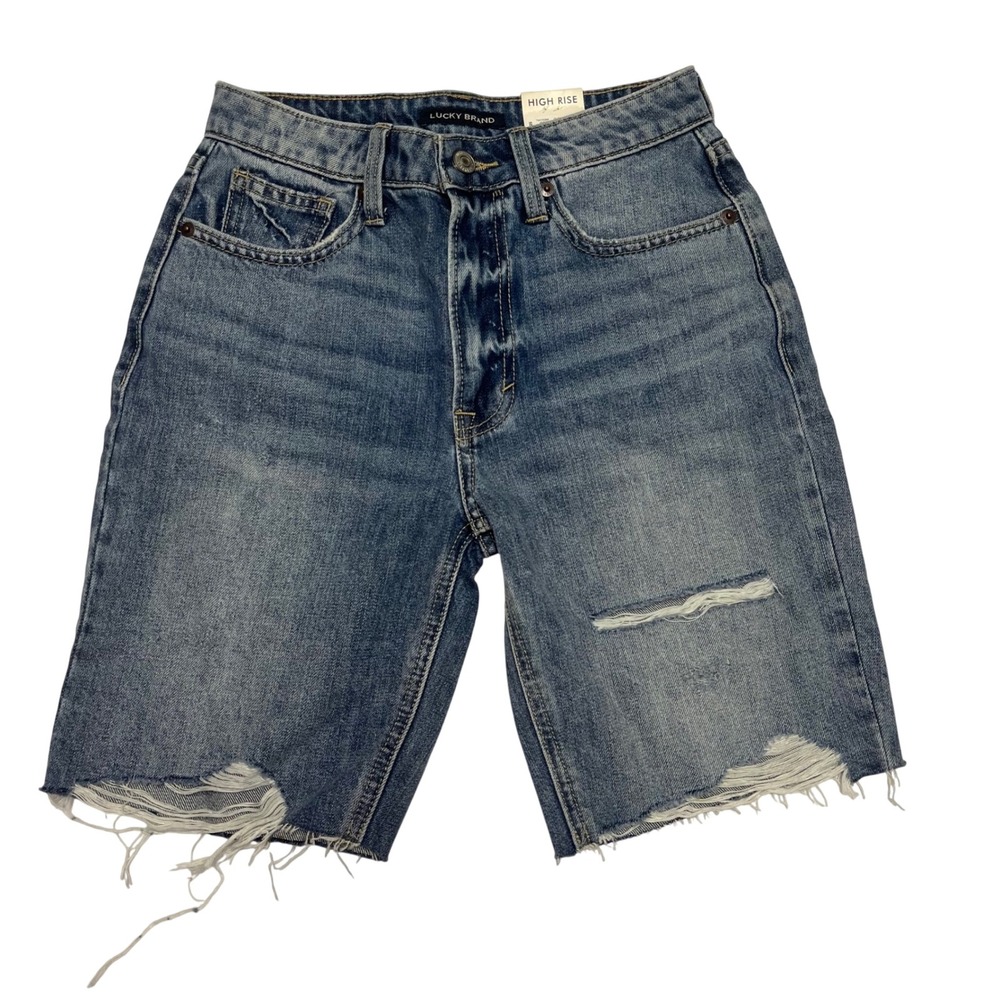 NEW! Lucky Brand High Rise Bermuda Distressed Denim Shorts Medium Wash 0/25 NWT